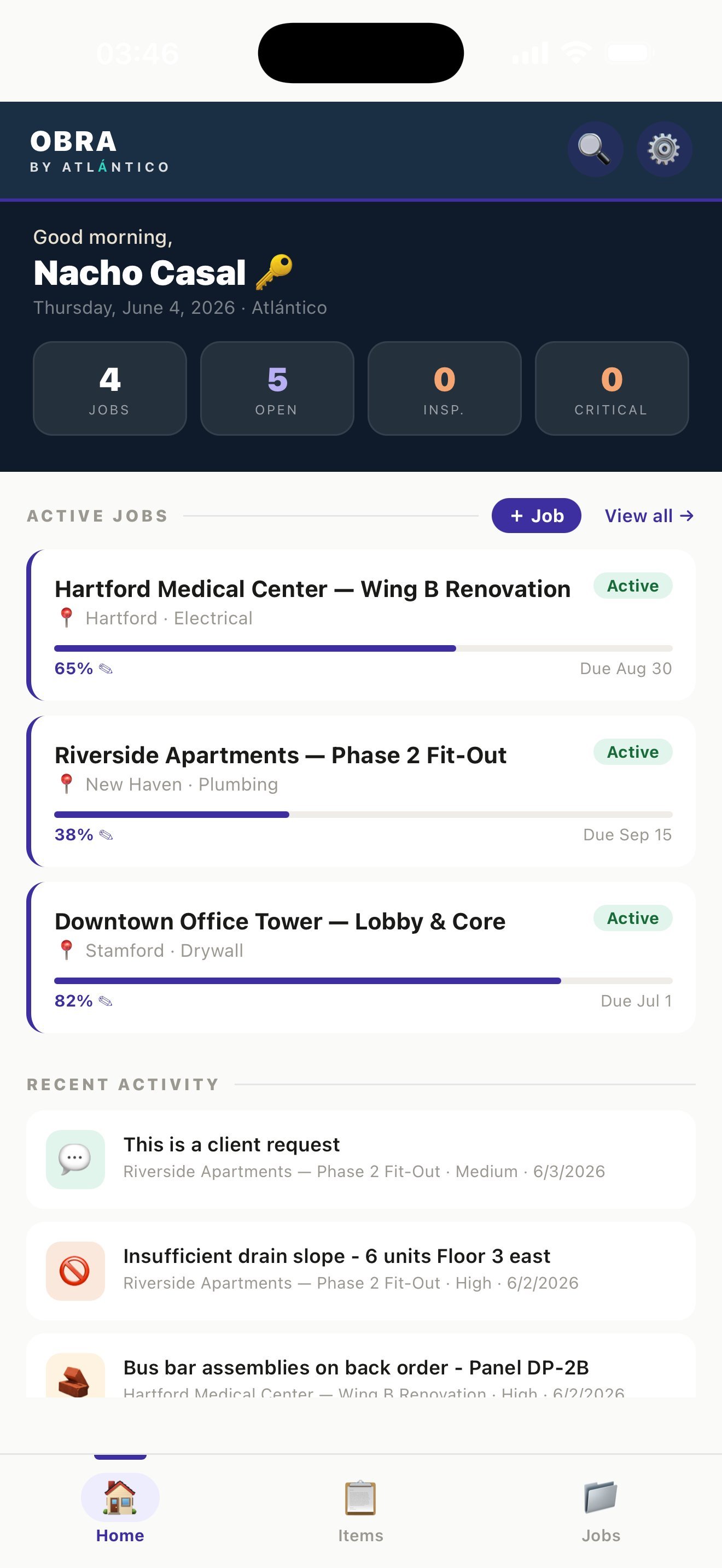 Obra app — home screen with active jobs and recent activity